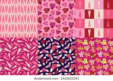 Valentines Day set of Bright and Cool Seamless Patterns. Pattern with Cool Quirky Playful Bright Hearts and characters