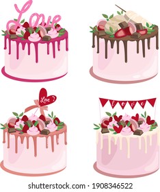 Valentine's day set of cakes. Romantic cakes isolated on white background. Vectors.