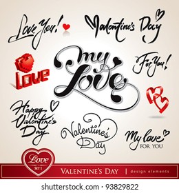 Valentine's Day. Set of Valentine's calligraphic headlines with hearts. Vector illustration.