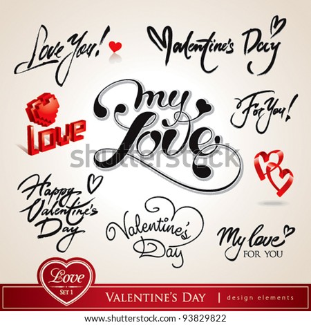 Valentine's Day. Set of Valentine's calligraphic headlines with hearts. Vector illustration.