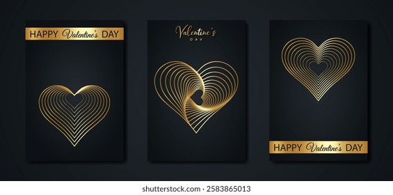 Valentine's day set card. Gold wireframe hearts symbol. Minimalist Holiday poster in black background. Golden luxury concept for banner, flyer, party invitation, jewelry gift shop