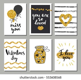 Valentines day set cards. Calligraphy, lettering and golden hand drawn design elements.