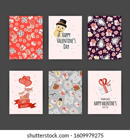 Valentine's Day set of cards and patterns. Cartoon style. Vector illustration