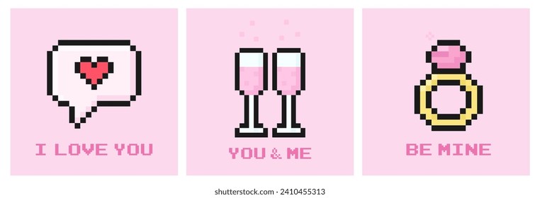 valentine's day set of cards, pixel art, vintage, 8 bit, 80s, 90s arcade game style, templates, for social media, postcards, flyers and more, vector illustration