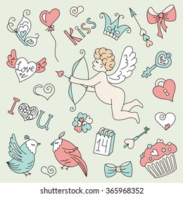 Valentine's day set of cartoon design elements. Angel with bow and arrow, heart, wings, crown, butterfly,bow, key, bird, cute, gift, love, a flower, a kiss. The doodles set vector illustration.