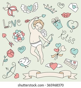 Valentine's day set of cartoon design elements. Angel with bow and arrow, heart, wings, crown, butterfly,bow, key, bird, cute, gift, love, a flower, a kiss. The doodles set vector illustration.