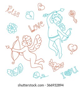 Valentine's day set of cartoon design elements. Two cute little angel with a bow and arrow, heart, wings, crown, butterfly,bow, key, bird, gift, love, a kiss. The doodles set vector illustration.