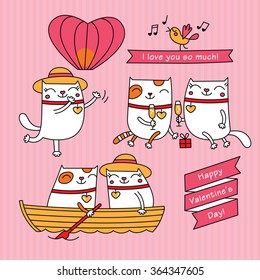 Valentine's Day set. Cartoon vector characters on a pink background. Cute white cats have got a date.