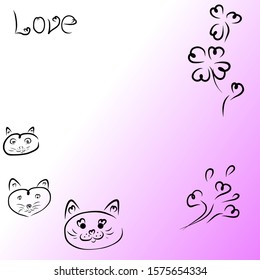 Valentines day set. Cats and hearts and four leaf clover. Love. Vector set , valentines day card, on the  pink background