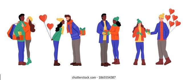 Valentine's day set of characters isolated on a white background. Couples in love congratulate each other, hug, kiss, give gifts and balloons in the shape of a heart. Flat vector illustration.