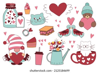Valentines Day set. Collection of elements for website design. Social media stickers. Romance and love, international womens day. Cartoon flat vector illustrations isolated on white background