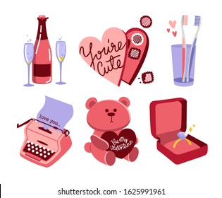 Valentine's day set collection of vector illustrations on a white isolated background. Declarations of love, gifts and objects of romance for congratulations, greeting cards, invitations.