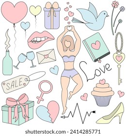 Valentine's day. Set of color vector illustrations. Cartoon style. Love collection. Woman, gesture, gift box, arrow, heart, clinking glasses. A group of cute images. Isolated background. 