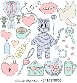 Valentine's day. Set of color vector illustrations. Cartoon style. Love collection. Heart, magnifying glass, dove, message, tiger cub, lips. A group of cute images. Isolated background. 
