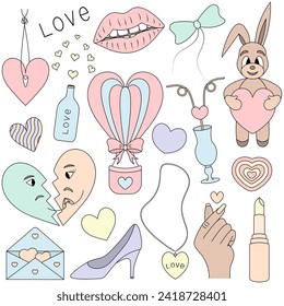 Valentine's day. Set of color vector illustrations. Cartoon style. Love collection. Balloon, love, bunny, heart, lips. A group of cute images. Isolated background. Ideas for web design.