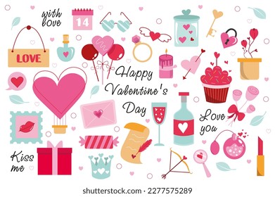 Valentine's day set concept in the flat cartoon design. Cute stickers and pictures that symbolize the day of all lovers. Vector illustration.