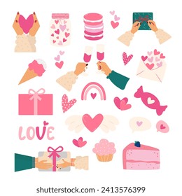 Valentine's day set concept in the flat cartoon design. Cute stickers and pictures that symbolize the day of all lovers. Vector illustration.