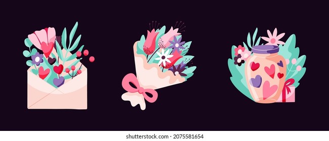 Valentines Day set of concepts with a bouquet of flowers, an envelope and a jar with hearts. Vector hand drawn illustration for February 14th