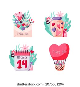 Valentine's Day set of concepts with envelope, flowers, jar of hearts, loose-leaf calendar and hot air balloon. Collection of vector hand drawn illustrations for February 14th