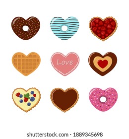Valentines day.  Set of cookies and waffles in heart shaped with strawberries and chocolate. Vector illustration