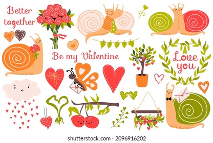 Valentines Day set. Couple of cute snails, cloud, butterfly, different hearts, garland, plants, flowers bouquet, cherry and text. Perfect for Valentine Day poster or banner, greeting card