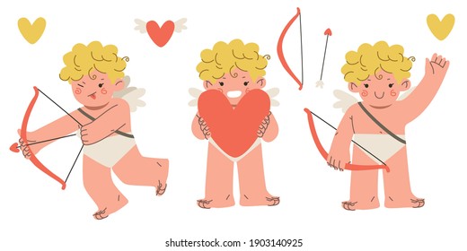 Valentine's day set. Cupid with a bow, amur holding heart. Hand drawn flat vector cartoon character illustration