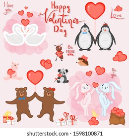 Valentine's Day set with cute animals. Cartoon style. Vector illustration