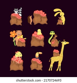 Valentine's Day set of cute animals. Cartoon style. Vector illustration