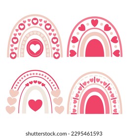 Valentine's Day set of cute boho rainbow with hearts, Vector illustration