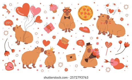 Valentine's Day set. Cute Capybaras in Love. Flat design Loving couple, Sweets, courtship, flowers. Cartoon pattern for design funny greeting cards, invitations, posters. Vector