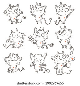 Valentine's day set with cute cartoon imp. Greeting collection with doodle funny animal. Line art poster for children. Vector holiday sticker pack.