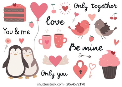 Valentine's Day set: a cute couple of penguins, birds, mugs, piece of cake, heart lock with a key. Vector illustration for stickers, party decoration, greeting cards, posters, postcards, invitations