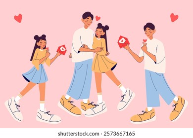 Valentine`s day. Set with cute couple, who hugging, holding love envelope. Love concept. Modern isolated vector illustration.