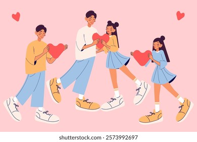 Valentine`s day. Set with cute couple who holding hearts. Love concept. Modern isolated vector illustration.