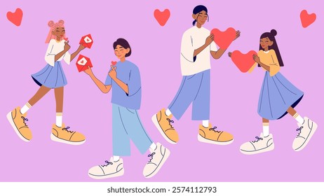 Valentine`s day. Set with cute couple holding love letter and heart. Love concept. Modern isolated vector illustration.