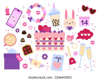 Conjunto de adorables elementos del día de San Valentín. Decoración. Ilustración del vector de color.