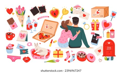 Conjunto de adorables elementos del día de San Valentín. Pareja enamorada, artículos románticos. 14 de febrero, concepto de boda y amor. Ilustraciones vectoriales