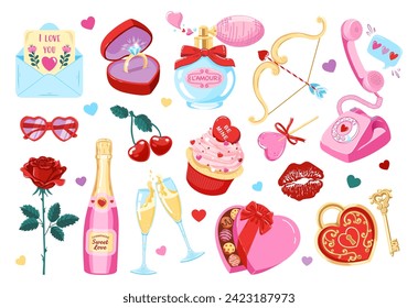 Valentine's day set of cute elements. Doodle sketches of romantic objects. Vector illustrations 