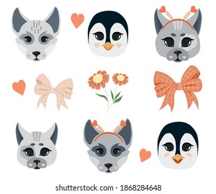 Valentines day set with cute funny animals, hearts, bow, flower. Wolf, dog, cat, penguin.Concept for card, children print. isolated vector illustration on white  background. scandinavian style