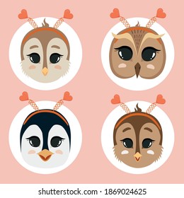 Valentine's day set with cute funny birds with hearts on head. Animal isolated vector illustration on white background.flat vector style. penguin, sparrow, owl. Valentines vector clipart. scandinavian