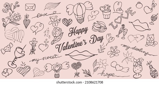 Día de San Valentín. Elementos de diseño de amor dibujados a mano para impresiones, tarjetas y página de color. Ilustración vectorial en estilo doodle.  