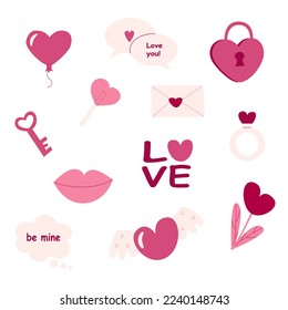 Valentine's day set of cute hand drawn illustrations on a white background. Pink heart, lips, love.