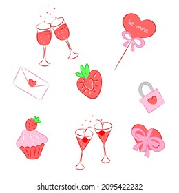 Valentines day set of cute hand-drawn stickers in doodle style champagne hearts cupcake print on textiles postcard packaging decoration Vector illustration