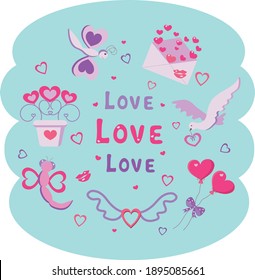 Valentine's Day, a set of cute icons with hearts for a postcard, an envelope with congratulations.Kisses, hearts, birds, flowers.