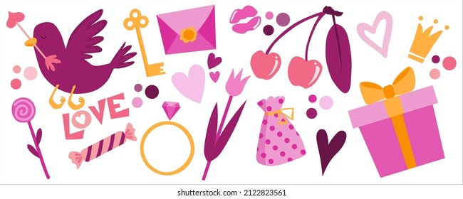 Valentine's Day set - Cute illustration for invitation, greeting card , creator kit. Handrawn flat vector pictures.	