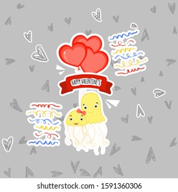 Valentine's Day set with cute jellyfish. Cartoon style. Vector illustration