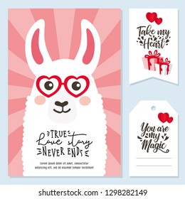 Valentine's Day set with cute lama. Romantic poster, label, tag. Hand-lettering messages. Template for invitation, banner, Valentine’s Day poster. 