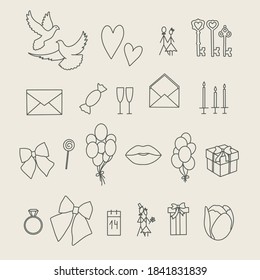 Valentine's Day. Set of cute linear icons: pigeons, hearts, couple, keys, envelope, champagne, candles, bow, balloons, lips, gift, ring, calendar, flower. Vector illustration.