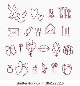 Valentine's Day. Set of cute linear icons: pigeons, hearts, couple, keys, envelope, champagne, candles, bow, balloons, lips, gift, ring, calendar, flower. Vector illustration.
