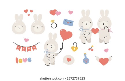 Valentine's day set with cute rabbits . Hearts, rabbits, letter, ring, lock, bottle with hearts and others for decorative. Cartoon flat style. Symbols of love. Vector illustration.